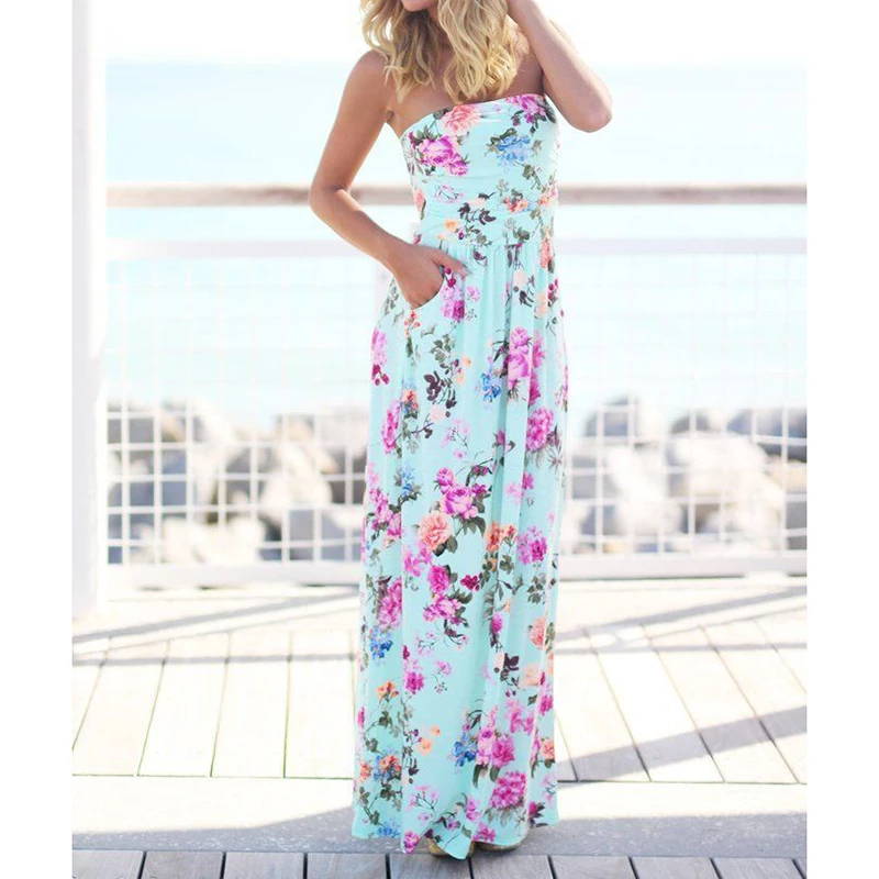 Платье женское длинное без бретелек пикантный винтажный пляжный сарафан в стиле