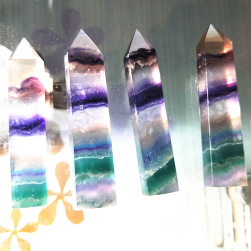

TOP!! 4pcs Natural fluorite QUARTZ CRYSTAL WAND POINT HEALING