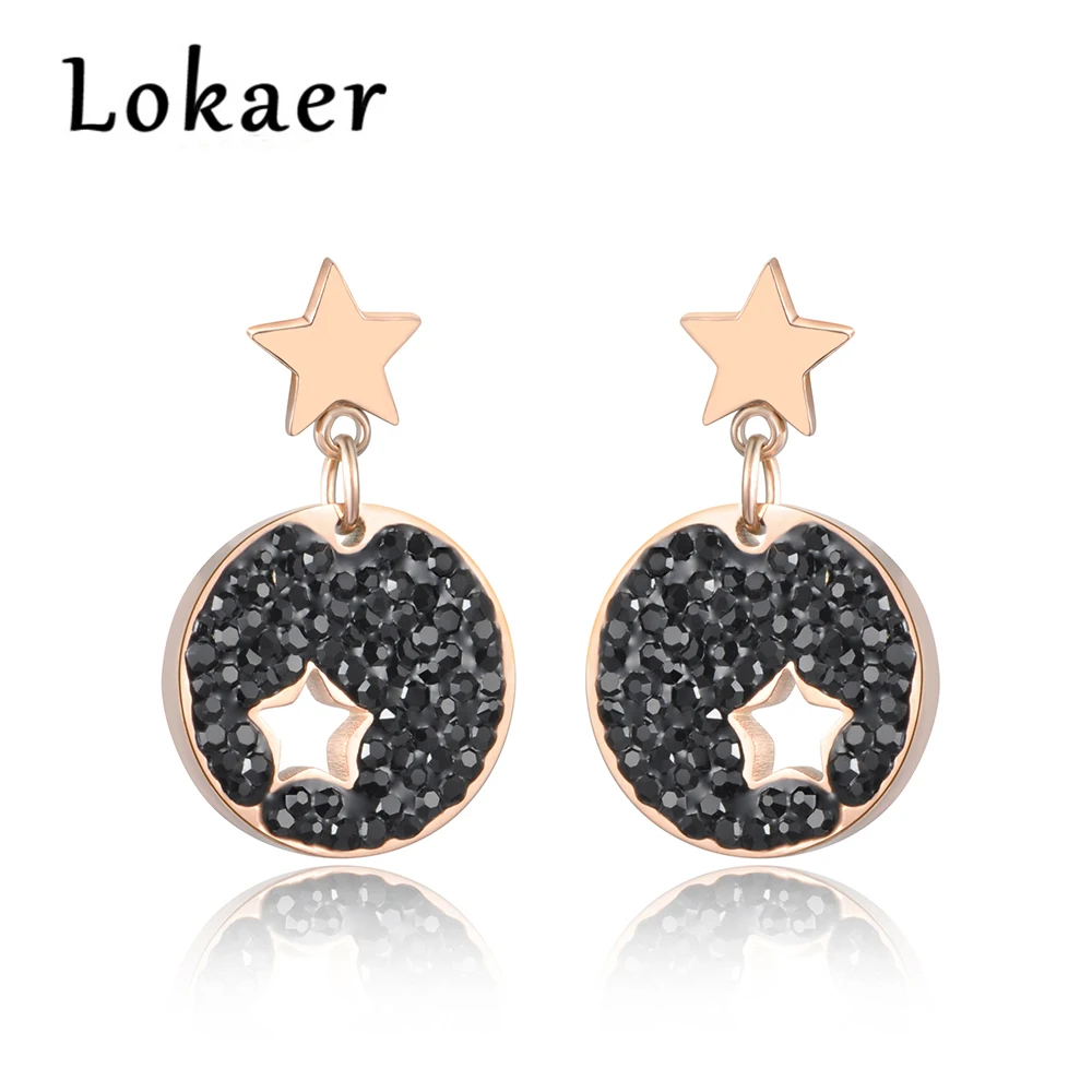 Lokaer, черные, белые, со стразами, простые круглые серьги из титановой стали, розовое золото, женские серьги-гвоздики, Brincos E180190400R