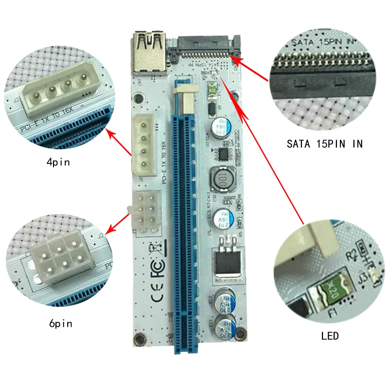 Новинка PCI-E Riser 008 Express 1X 4x 8x 16x расширитель PCI E USB 008S адаптер SATA 15pin для биткоина