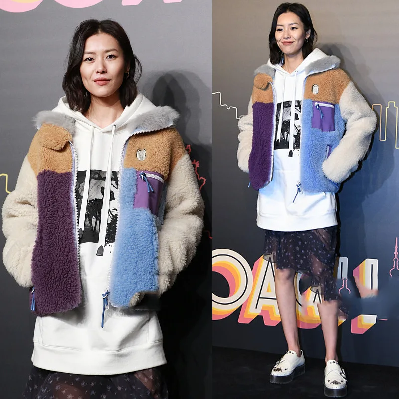 Модные Цвет блок Мех Ягненка Пальто 2018 Для женщин Тедди пальто Настоящий Лисий