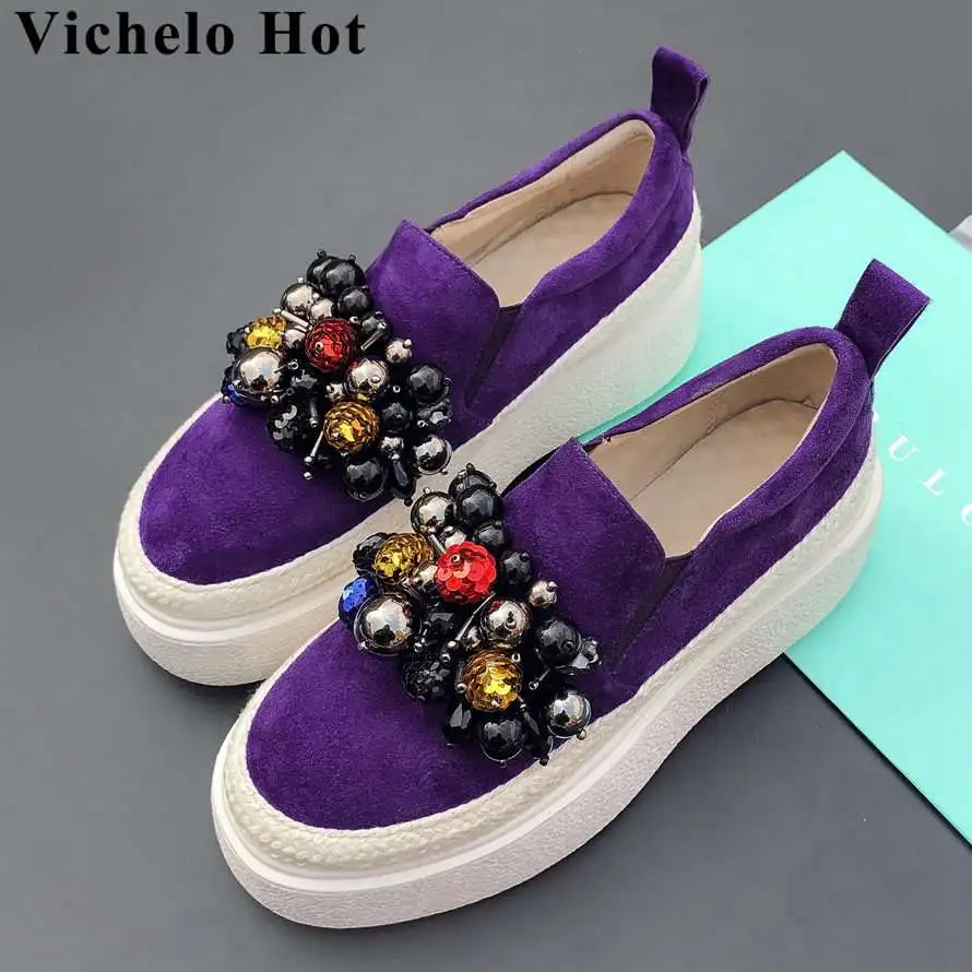 Vichelo/Лидер продаж яркие украшенные бисером милые Лоферы без шнуровки для девочек