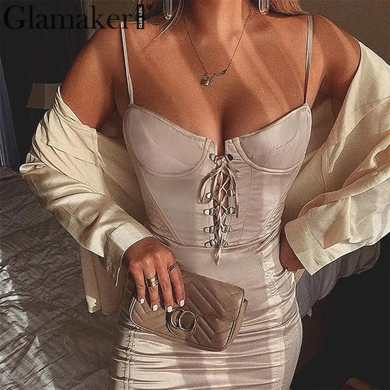 Glamaker атласное черное пикантное платье с бандажом женское летнее облегающее