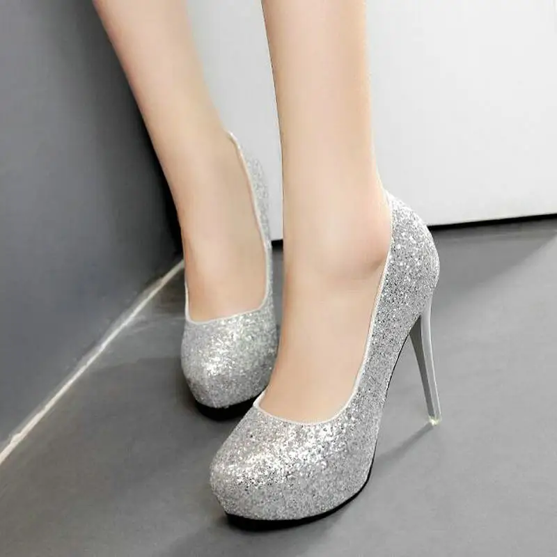 Женщины Свадьба Платформа Высокие Каблуки Обуви Круглый Носок 12 см Блестки