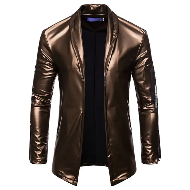 Gold Uplzcoo черный костюм из искусственной кожи блейзер для мужчин Slim Fit сплошной цвет кардиган Casaco Masculino Блестящий ночной клуб DJ Jaqueta EM151 - Цвет: Gold