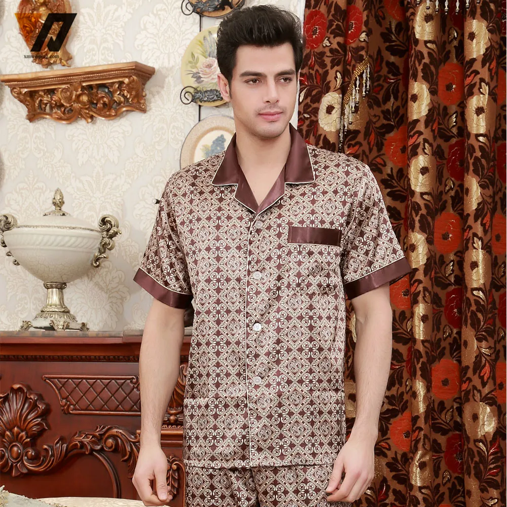 Шелковые комплекты пижамы атласа ночная мужчины лето Loungewear пижама комплект с