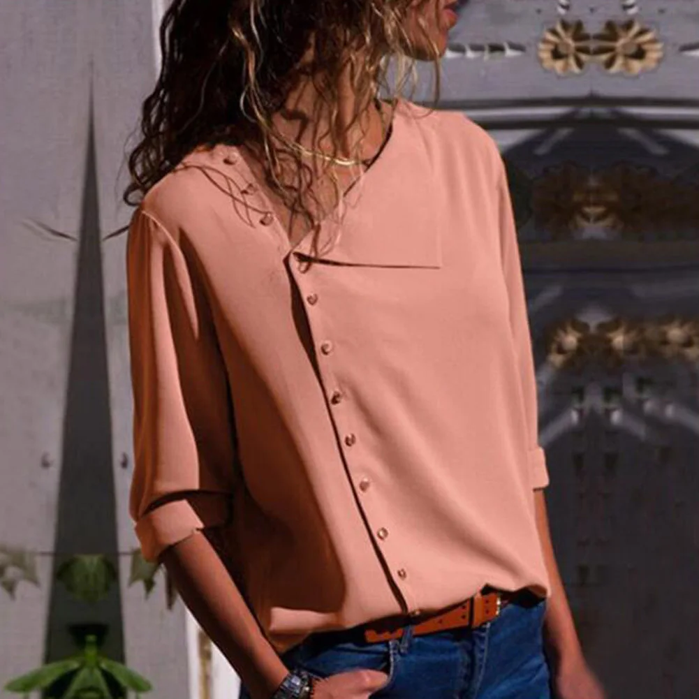 2018 Summer Tops Button Irregular Blouse Women Yellow Long Sleeve Oblique Collar Shirt Female Elegant Autumn Casual Office |