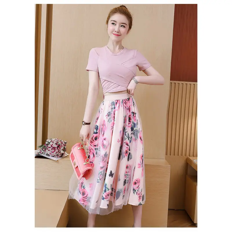 

Комплект из двух предметов с бантом, привлекательная женская летняя одежда, новинка 2020, облегающий укороченный топ в Корейском стиле, длинн...