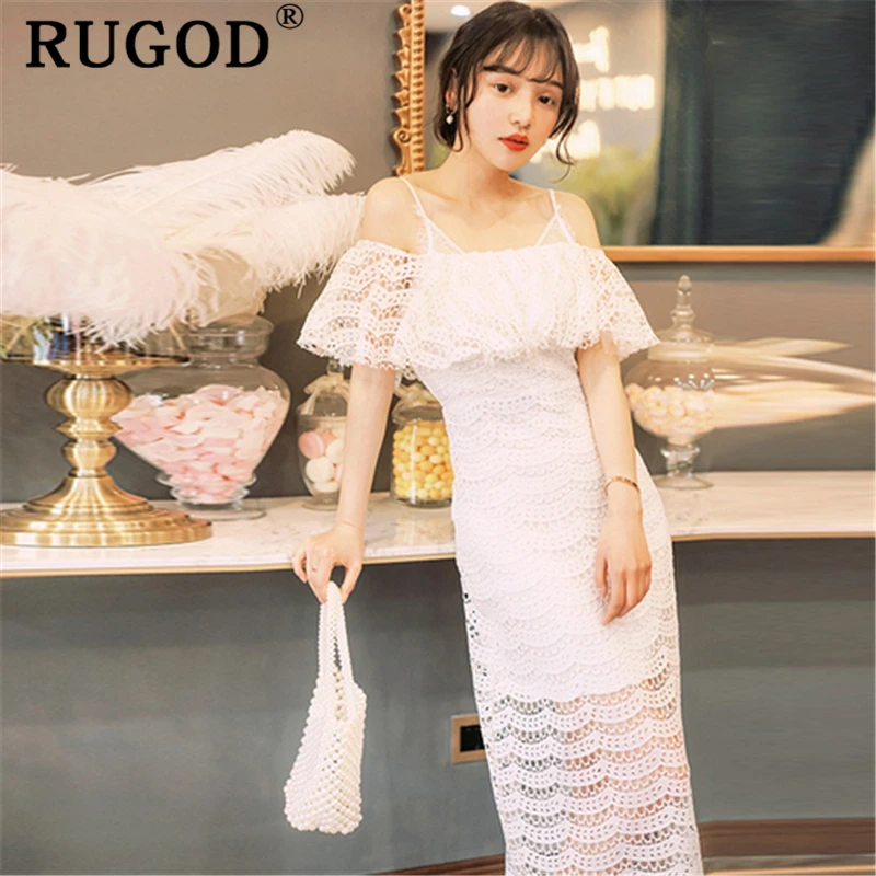 RUGOD Elegant party dress for women Fashion spaghetti strap hollow out long maxi vestidos Vintage off shoulder white | Женская одежда