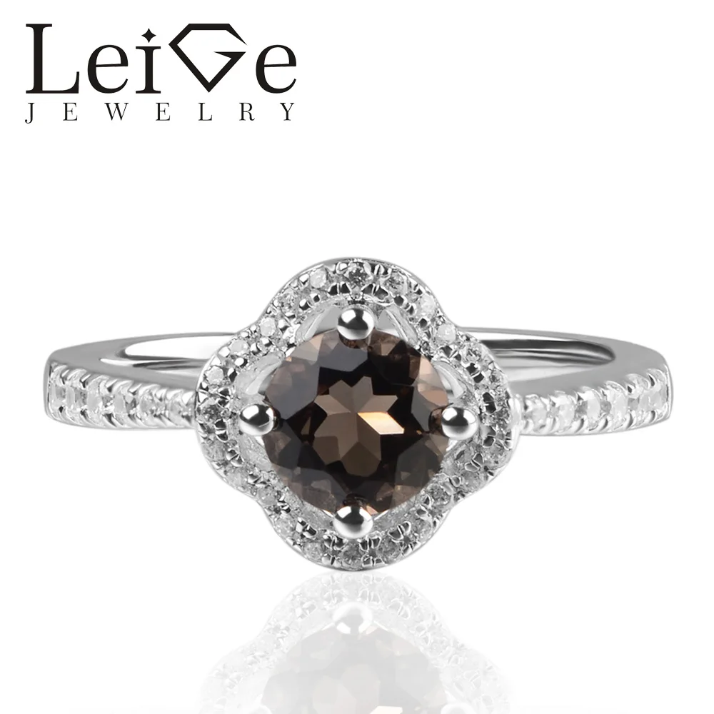 

Leige Jewelry Real Smoky Quartz Rings Round Shape Halo Ring Romantic Gifts For Woman 925 Sterling Silver