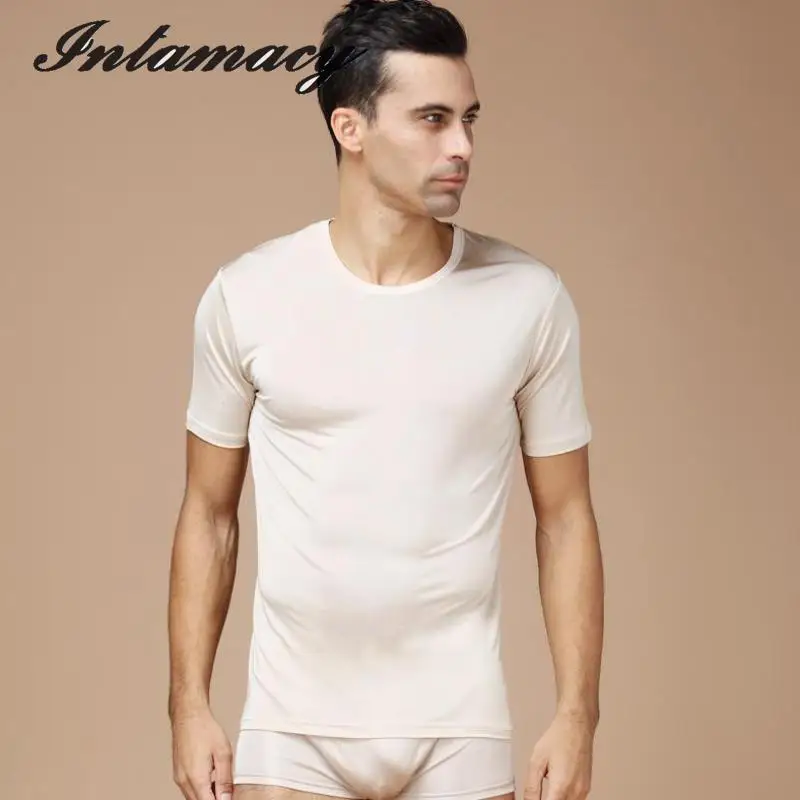 Мужская 100% натуральная шелковая вязка футболка Летняя мужская рубашка большого