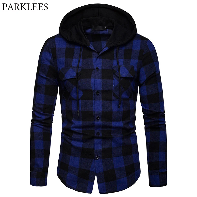 Fashion Buffalo Plaid Shirt Men 2019 Brand New Casual Grid Check Pattern Hooded Dress Shirts Mens Slim Fit Long Sleeve Chemise | Мужская