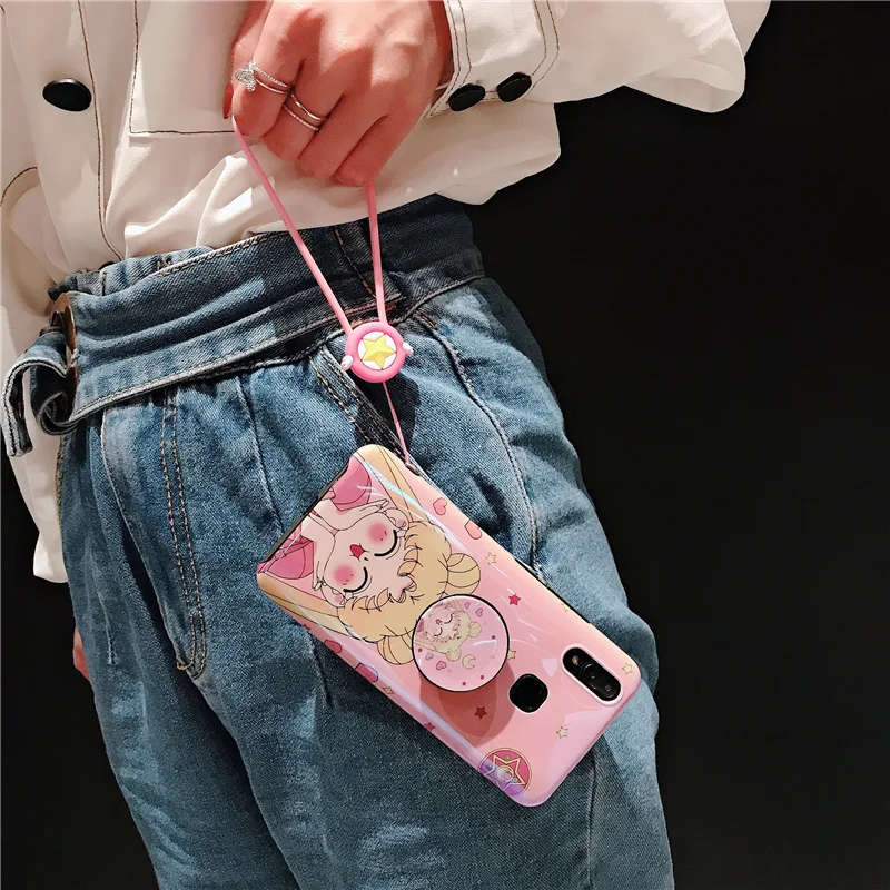 Sam S10 plus чехол с принтом "Сейлор Мун", розовый милый мягкий задний Чехол для телефона samsung Galaxy S9 S8 S7 edge note 8 note9 зеркальный чехол+ ремешок
