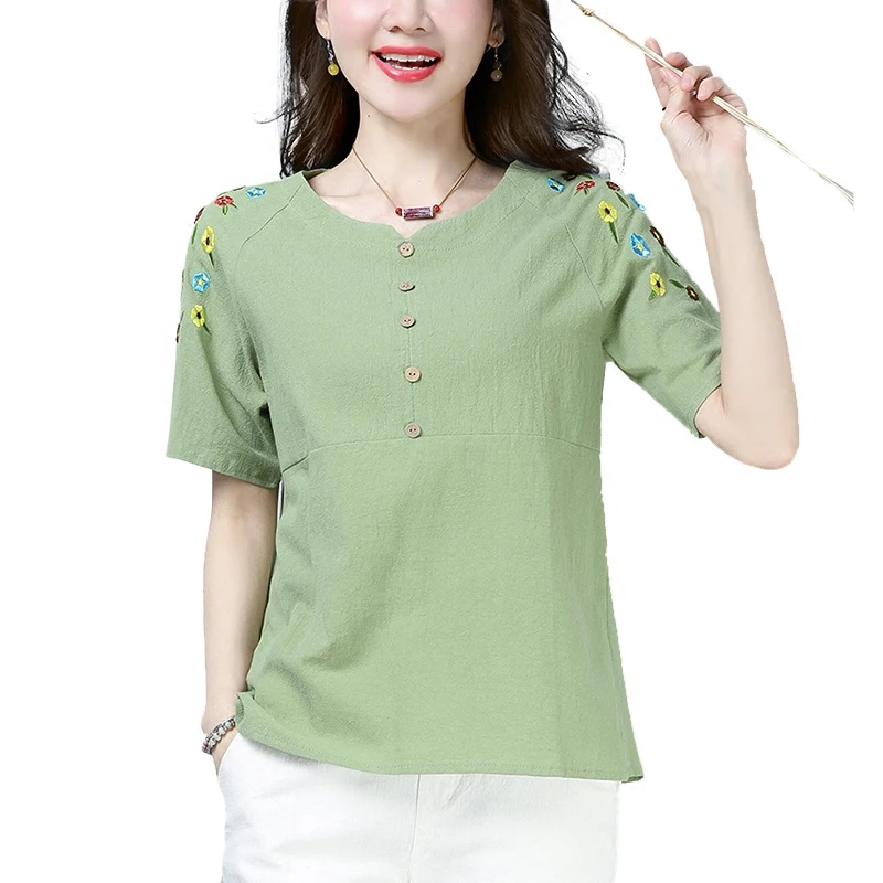 Button V-Neck Summer Tshirt Short Sleeve Retro Embroidery Flowers T-Shirt Loose Breathable Cotton Linen Tops Women Clothing | Женская
