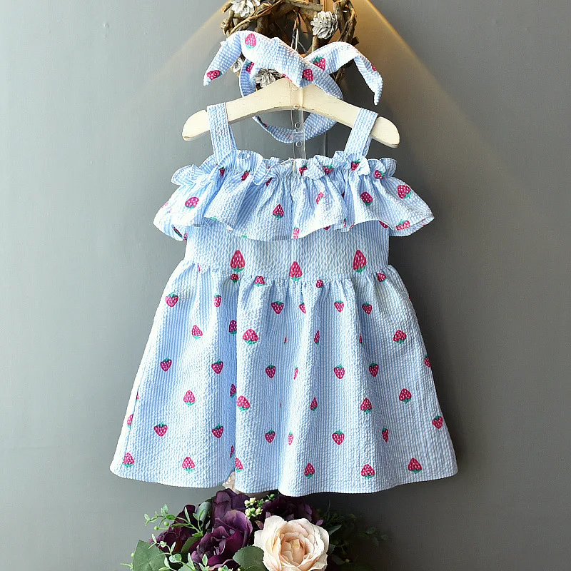Платье для девочек с повязкой на голову летние детские платья принтом клубники