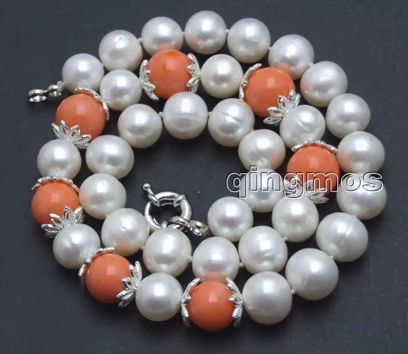 

SALE 9-10mm white natural round pearl with 9-10mm pink coral 17" Necklace-nec6053 wholesale/retail Free shipping