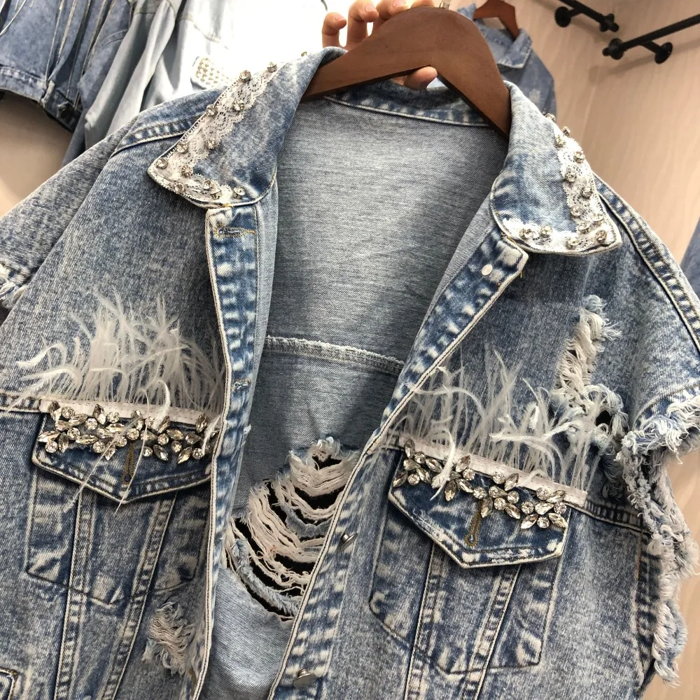Thailand brand fashion women lace feather sequins beaded hole loose sleeveless denim vest female spring jeans jacket | Женская одежда