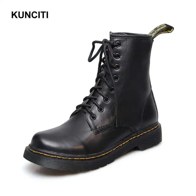 Black KUNCITI/женские ботильоны на шнуровке; Ботинки martin из натуральной кожи; цвет белый, черный; зимняя женская обувь для верховой езды с круглым носком на низком каблуке; D903 - Цвет: Black