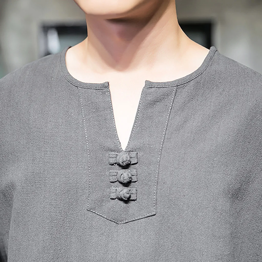 Хлопковые льняные мужские футболки топы с коротким рукавом однотонные вырезом