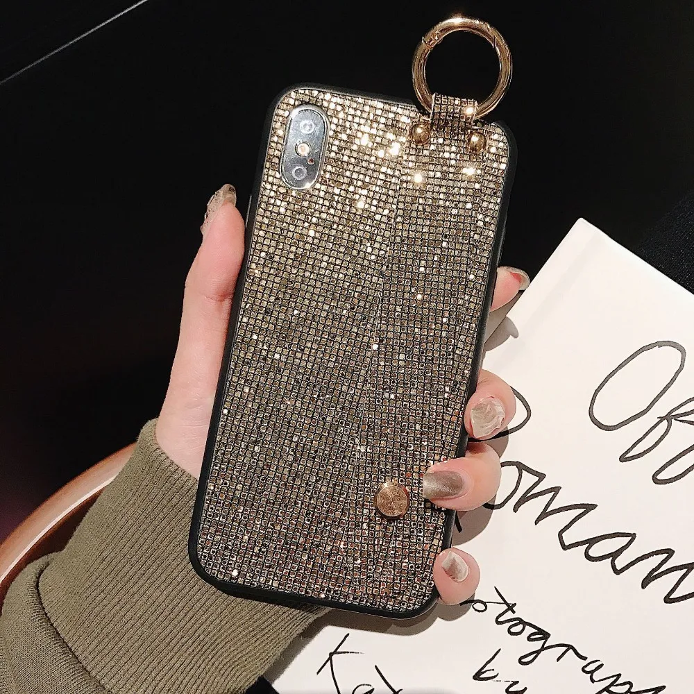 Case For iPhone Xr X Xs Max Cover Luxury Glitter Lattice Sequins Girly Wristband Stand Cases 7 8 Plus 6S |
