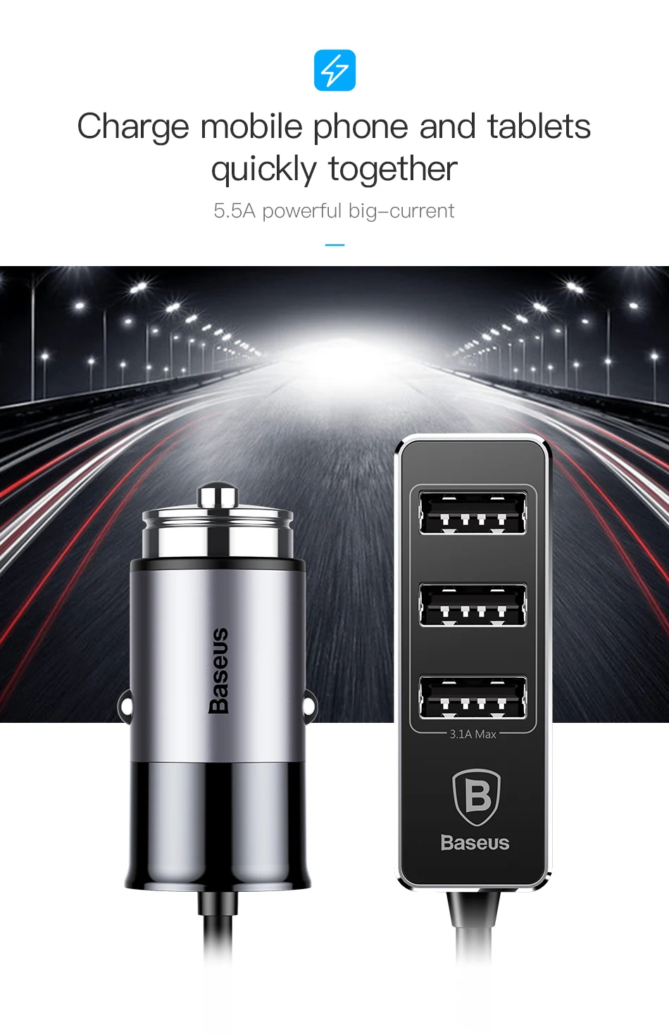 Baseus 4 USB быстрое автомобильное зарядное устройство для iPhone, iPad, samsung, планшета, зарядное устройство для мобильного телефона, 5 В, 5,5 А, автомобильное USB зарядное устройство, адаптер, автомобильное зарядное устройство