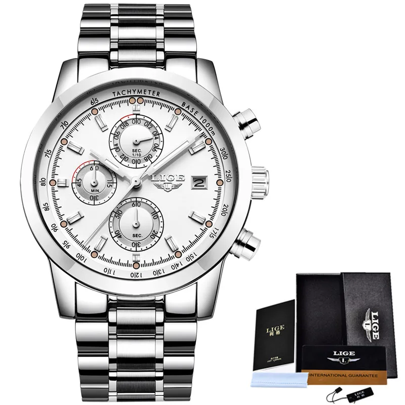 steel silver white LIGE часы для мужчин модные спортивные кварцевые часы для мужчин s часы лучший бренд класса люкс Полный сталь Бизнес водонепроницаемые часы Relogio Masculino - Цвет: steel silver white