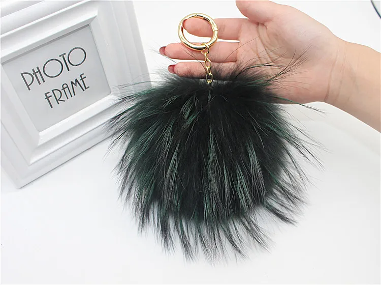 olive metal chain Пушистый шар из натурального Лисьего меха большой 15 см помпоны натуральный мех помпон кожаный ремешок брелок кольцо подвеска для женщин Шарм f278 - Цвет: olive metal chain