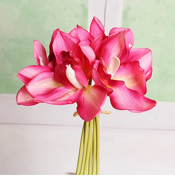 Настоящее прикосновение cymbidium 7 головок короткая съемка украшение стола цветок DIY Свадебные невесты ручной цветы домашний декор искусственная Орхидея - Цвет: rose red