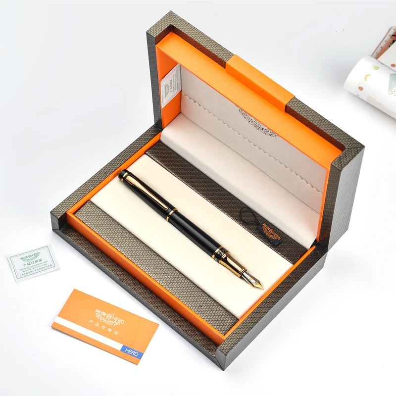 Luxury Hero Fountain Pens Fine Nib 0.5mm Bent Nib 1.0mm Art Calligraphy for Choose Gold Trim Black Gift Pen with Original Box