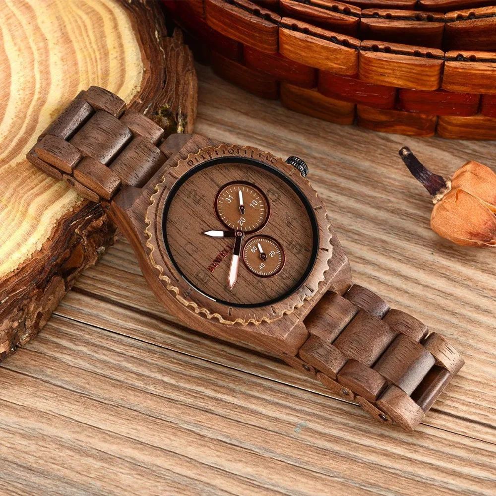 Bewell Mens wooden Watches Quartz Top Brand Cusual Wood Watch Men Date Luminous Vintage Retro Handcraft Wood Wristwatches W154A