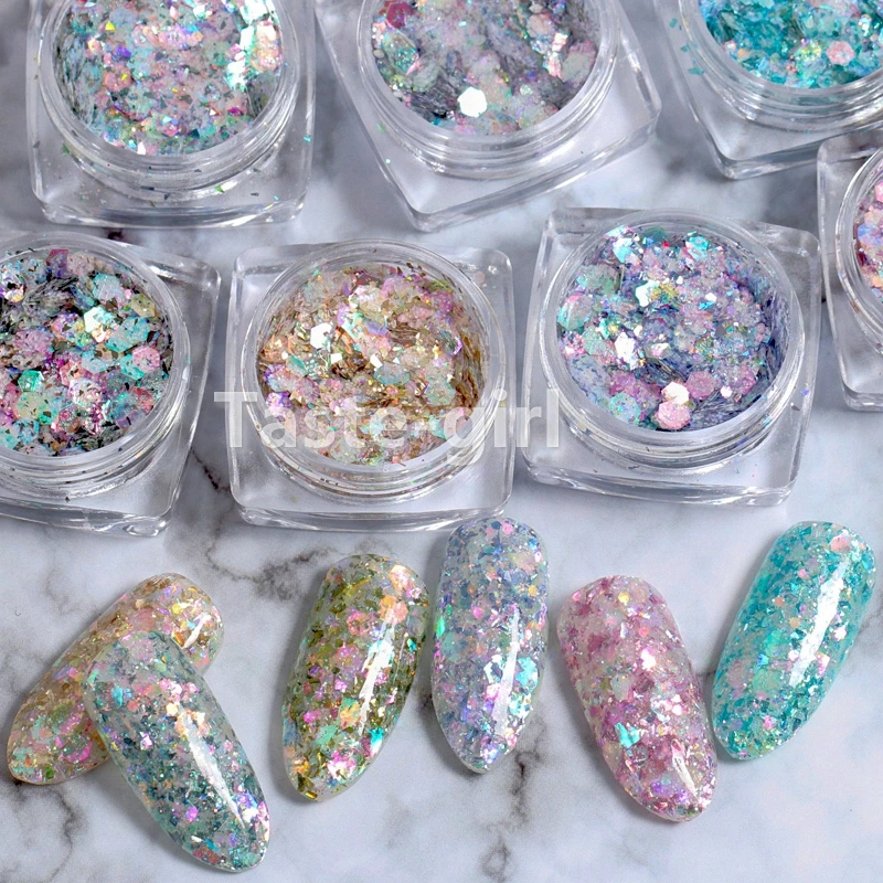

12PCS Gradient Mermaid Flake Nail Glitter Hexagon Holo Sequins Powder 3D Manicure Nail Art Paillettes Decoration Tips YGP