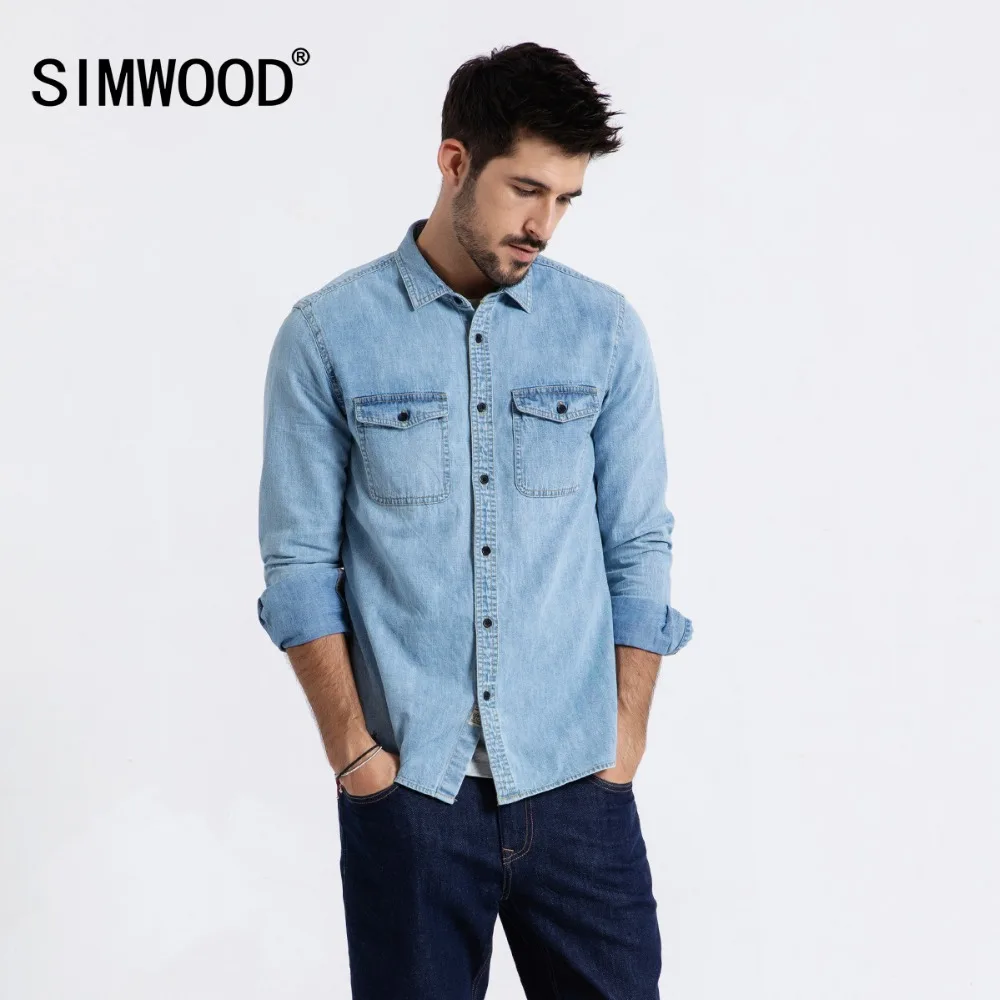 Мужская повседневная рубашка SIMWOOD модная джинсовая с длинными рукавами из 100%