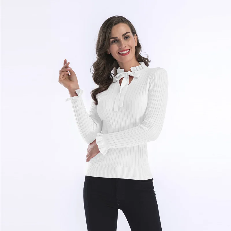 YYFS 2018 New Collar Long-Sleeve Knit Sweater Women Fall Winter Bottom Slim Ruffled Fresh Sweet Solid 5639 | Женская одежда