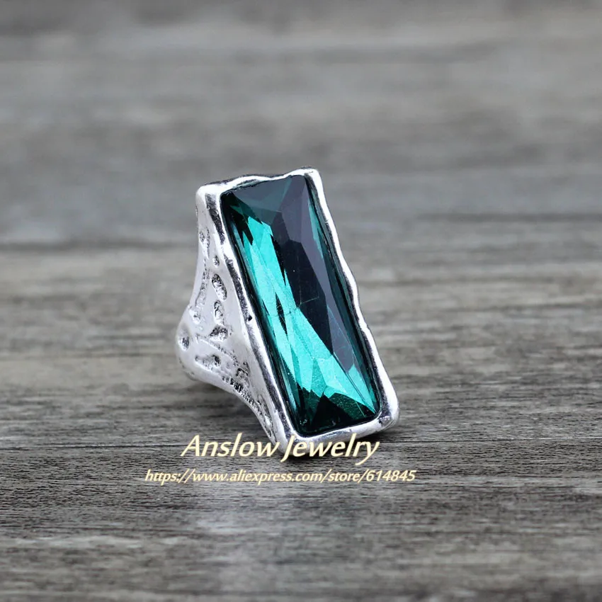 Antique Silver Green Anslow, дизайн, винтажное Ретро Большое Квадратное Кристальное свадебное кольцо для женщин, женские ювелирные аксессуары LOW0024AR - Цвет основного камня: Antique Silver Green