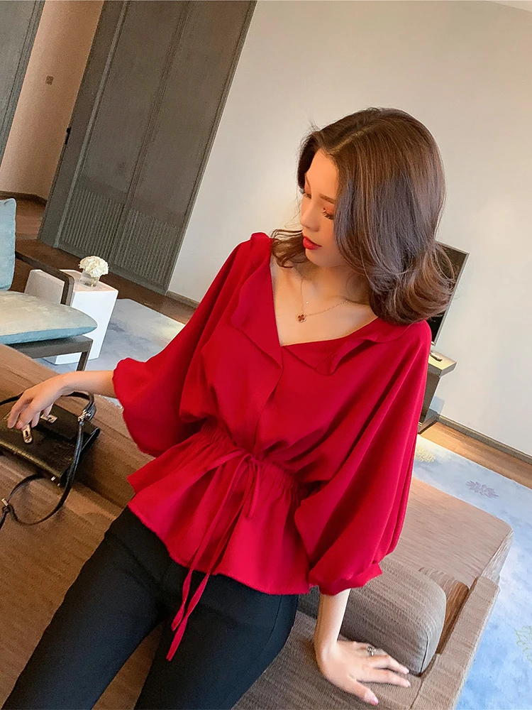 

Solid Women Tops and Blouse Sexy V-neck Women Clothing Korean Style Women Flare Sleeve Chiffon Blouse blusas 4990 50