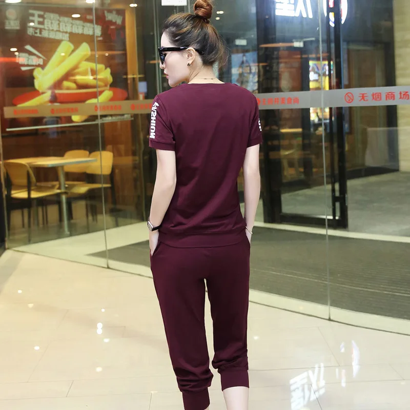 

Tracksuit Women Set Nice Plus Size 2 Piece Sets Womens Outfits Solid Short Sleeve Tshirt + Calf Length Pants Casual Sportwear