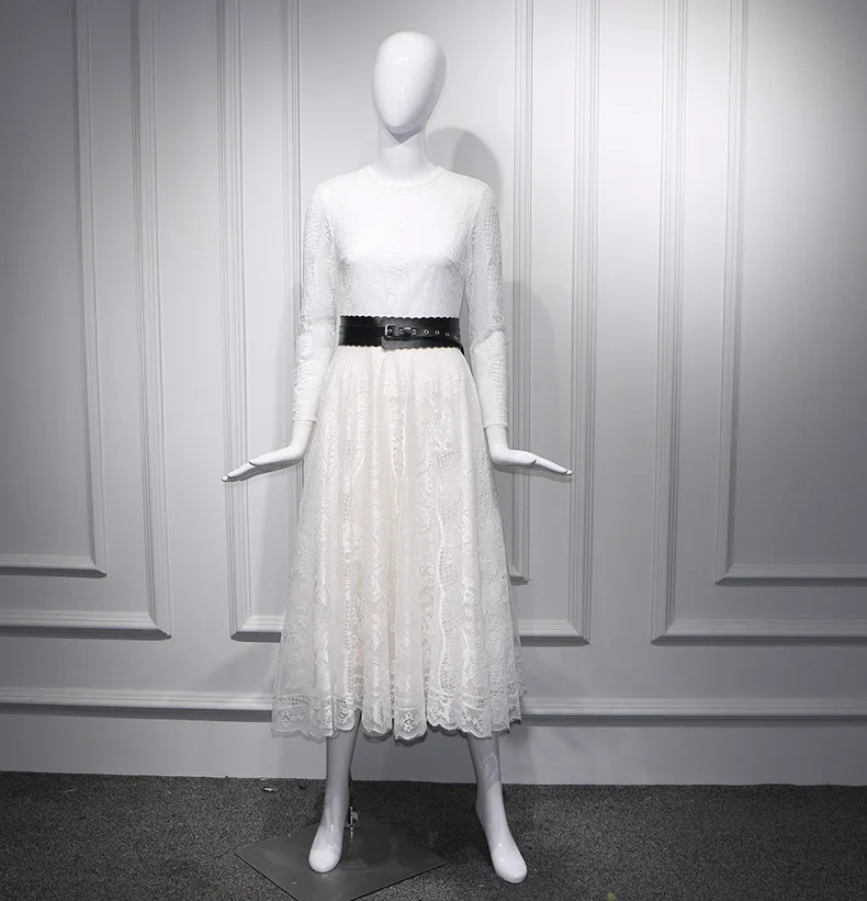 Элегантное белое платье с кружевом и 2019 Для женщин длинным рукавом расклешенное