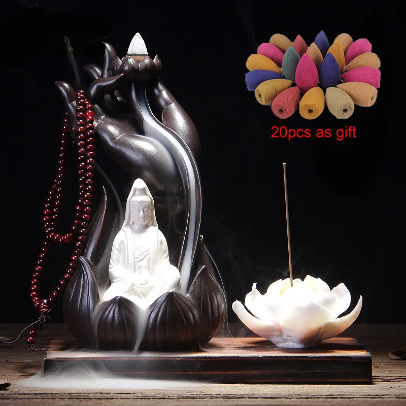 White Guanyin Будда ручной гуаньинь обратного потока ладан горелка+ 20 шт. благовоний конусов керамический держатель курильница дым домашний декор дропшиппинг - Цвет: White Guanyin