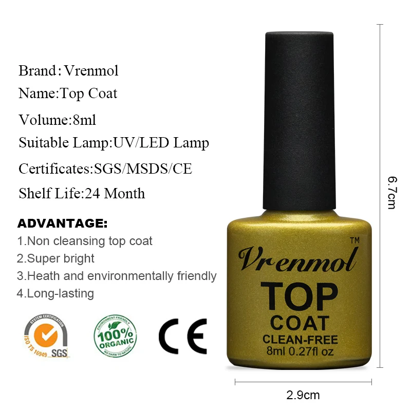 Vrenmol Блестящий верхний слой впитывающий УФ светодиодный праймер гель лак для