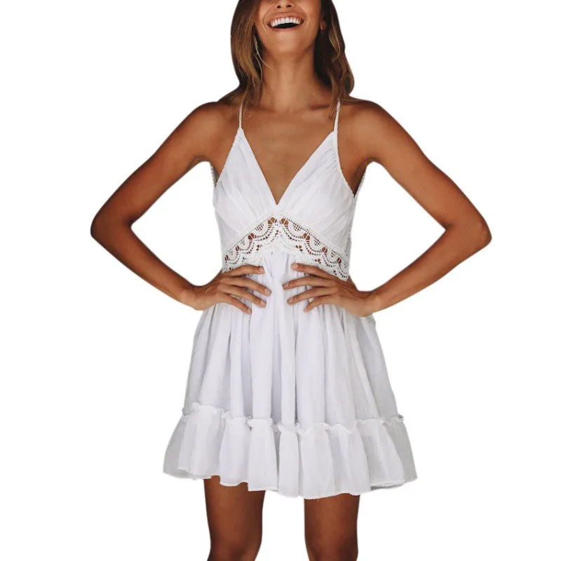 Deep V Padded Backless White Lace Dress Lined Summer Women Sundress Sexy Hollow Out Party Vestidos|Женские платья| |