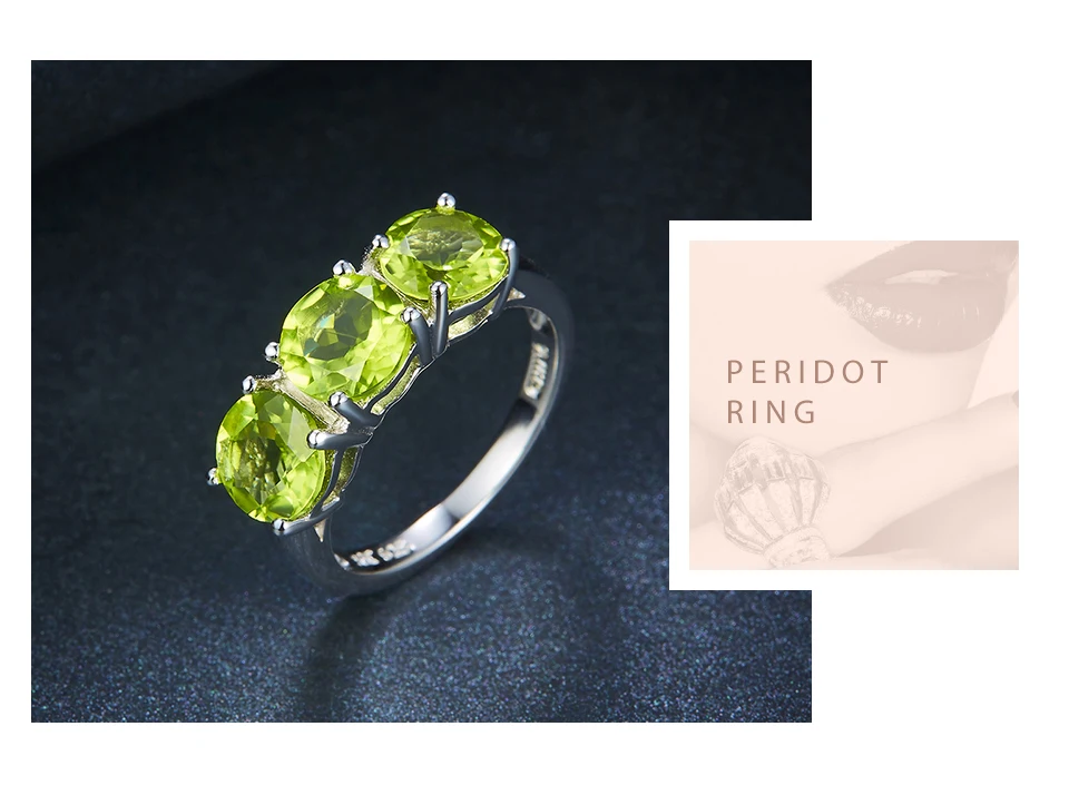 Hutang обручальные кольца 4.2Ct Природные Перидот кольцо из стерлингового серебра 925 3-камень Классический Стиль круглые драгоценные камни ювелирных украшений для Для женщин
