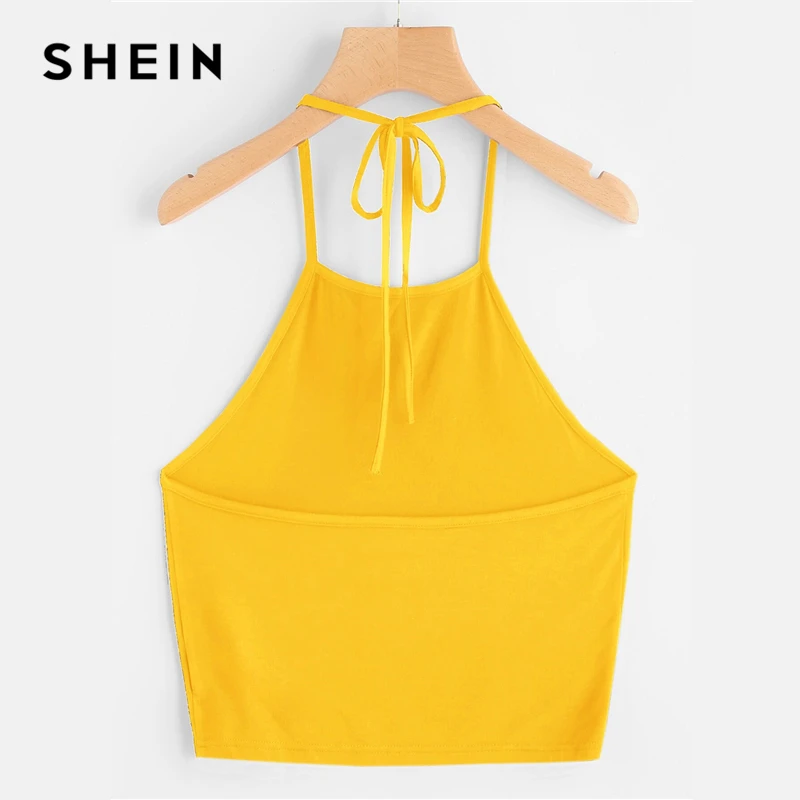 SHEIN, Boho, сексуальный, с завязками, на шее, Одноцветный, укороченный, топик, женский, летний, тонкий, на бретелях, с открытой спиной, для девушек, базовые Топы на бретельках