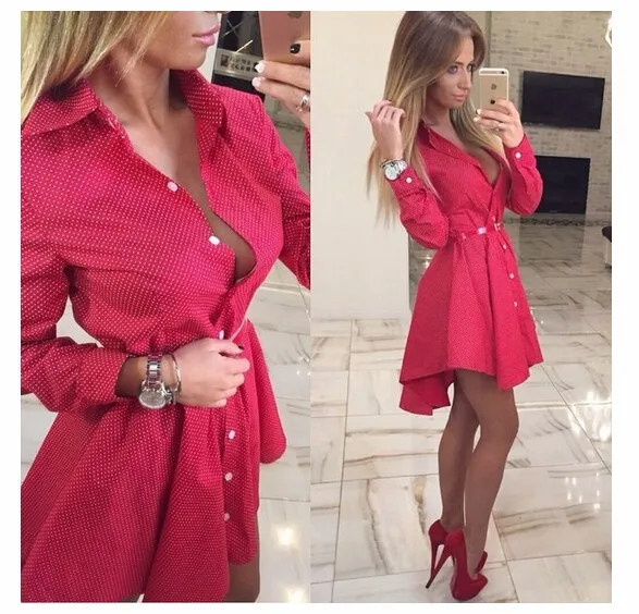 Новинка 2017 года Осенняя мода Для женщин платье рубашка Малый с принтом в горошек