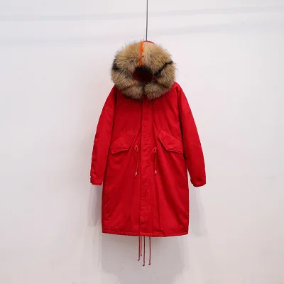Red colorful fur Пальто с енотовым мехом, гусиное перо, длинное женское белое пуховое пальто, зимняя куртка размера плюс, военная парка с капюшоном, верхняя одежда Okd317 - Цвет: Red colorful fur