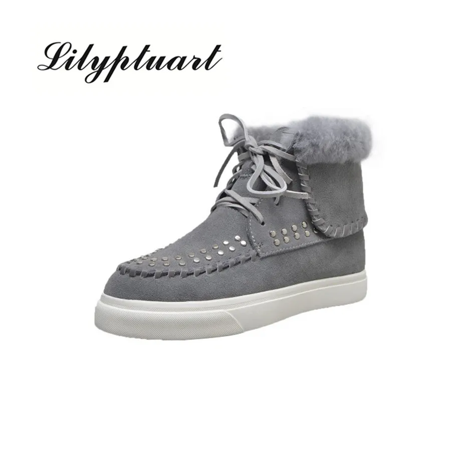 2018 new cow suede material rivet decorative snow boots round head classic low heel rubber sole warm boots women large size