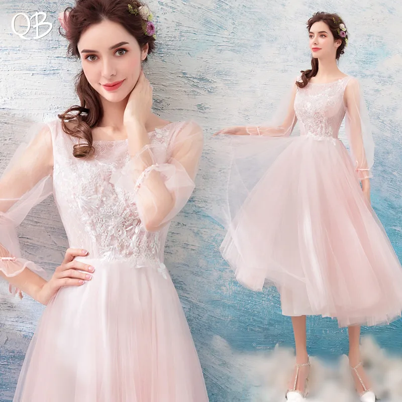 A Line длиной ниже колена с длинным рукавом Тюль Кружева Цветы бисером розовые