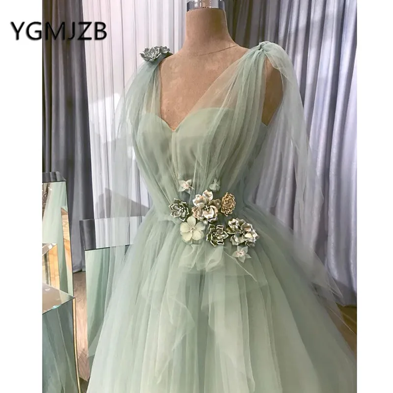 Abendkleider 2019 Elegant Long Prom Dresses A-line V-neck 3D Flowers Tulle Evening Gown Women Formal Ceremony Party Dress | Свадьбы и