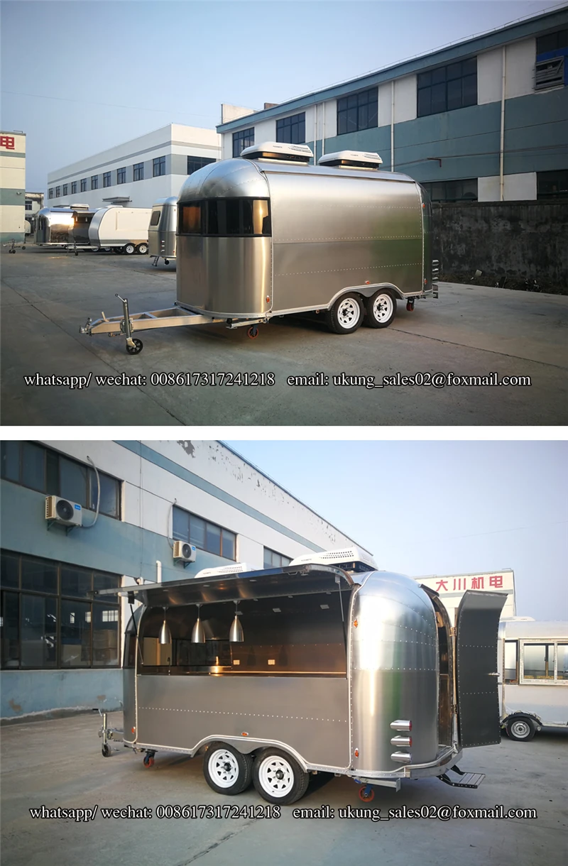 UKUNG стиль заказной airstream модель трейлер для еды, 450 см длина полная нержавеющая сталь Роскошная корзина для еды