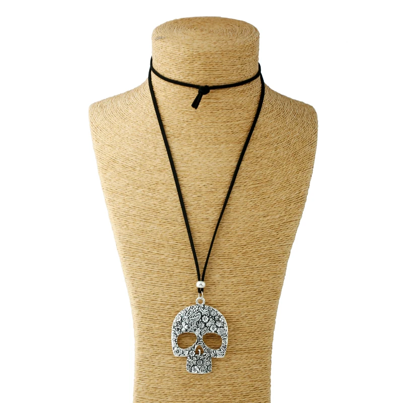 1PCS Lagenlook Large Abstract Alloy Flower Skull Pendant Long Suede Leather Necklace | Украшения и аксессуары