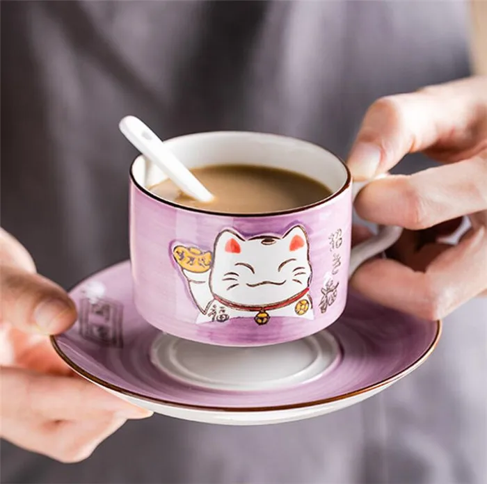 5 цветов ручной работы Lucky Cat манэки нэко \ Керамика чайные чашки кружки ложками и 3